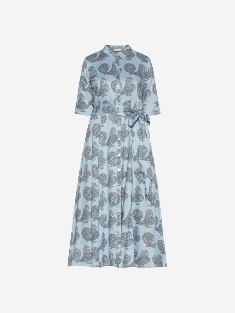 Bombay Paisley Blue Bird Print Belted Shirtdress