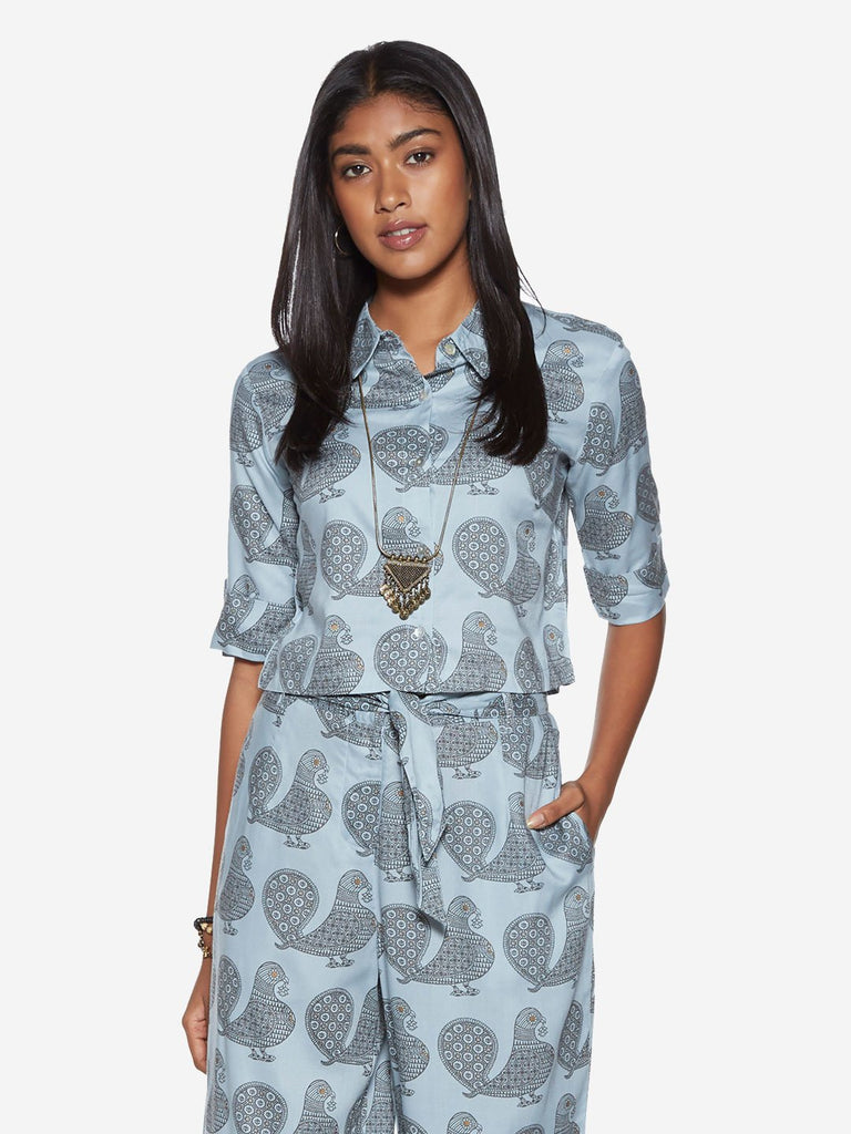 Bombay Paisley Sky Blue Peacock Print Crop-Top