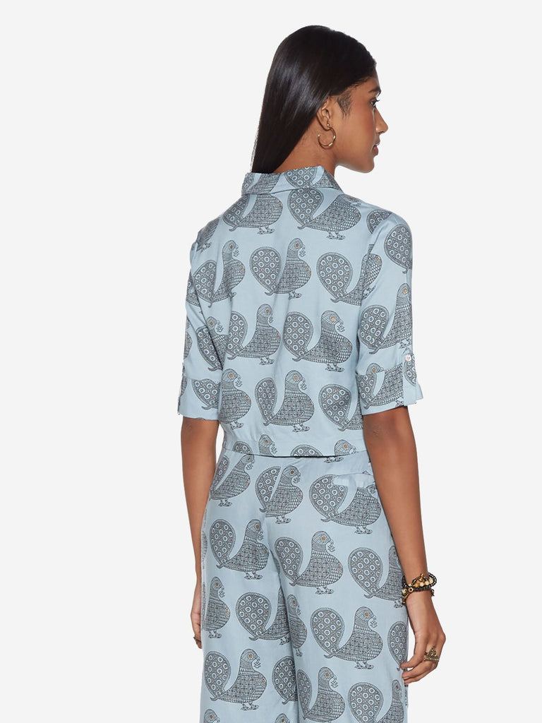 Bombay Paisley Sky Blue Peacock Print Crop-Top