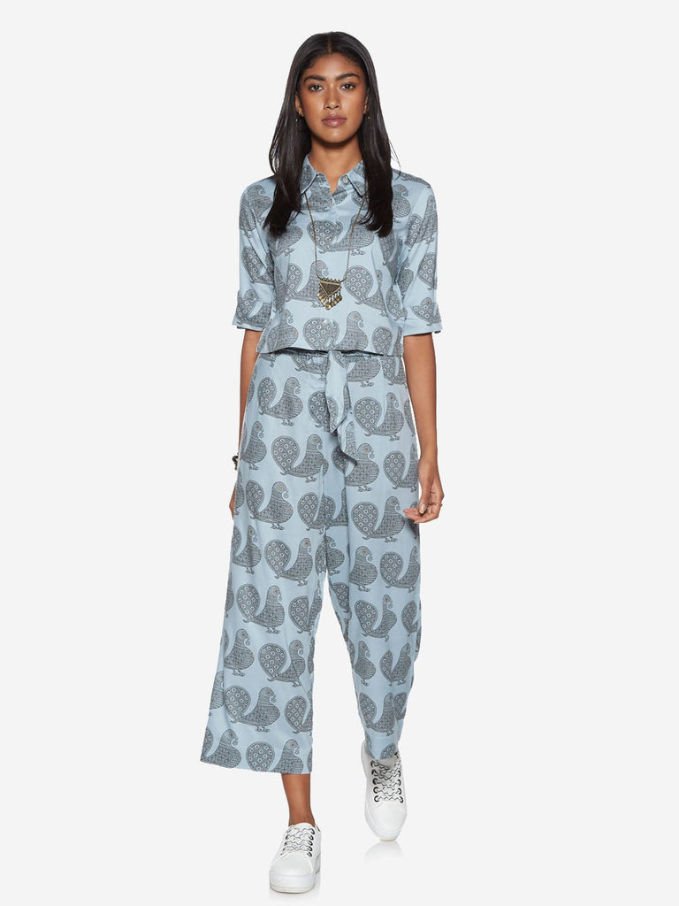 Bombay Paisley Sky Blue Peacock Print Crop-Top