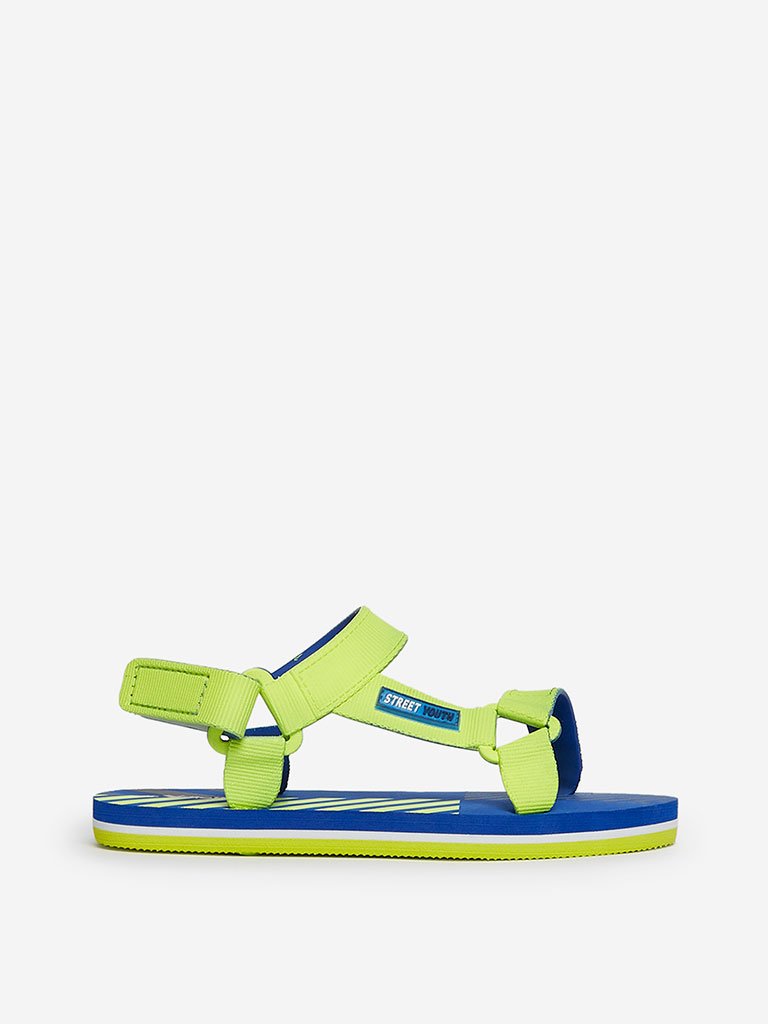 Yellow Kids Blue And Neon Green Striped Sandals