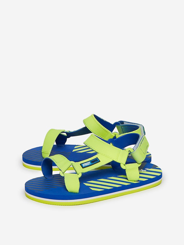 Yellow Kids Blue And Neon Green Striped Sandals