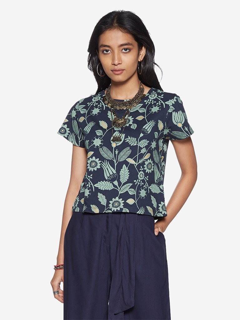 Bombay Paisley Navy Tropical Print Top