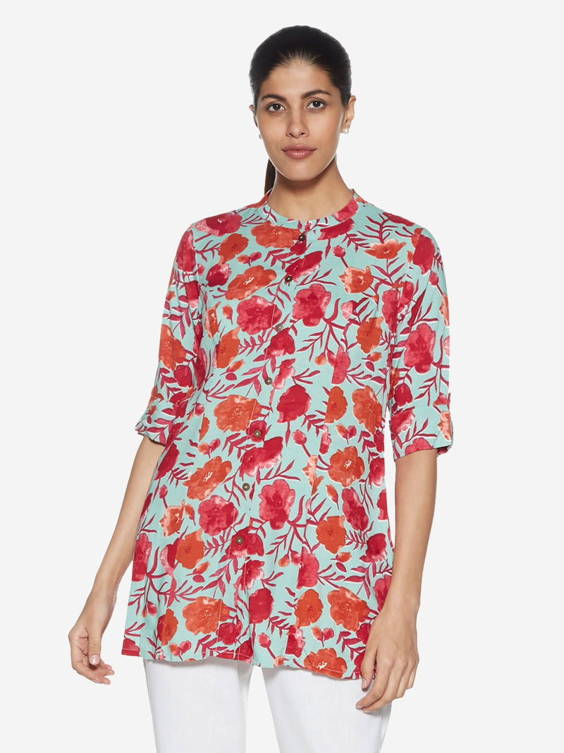 Utsa Turquoise Floral Print A-line Kurti
