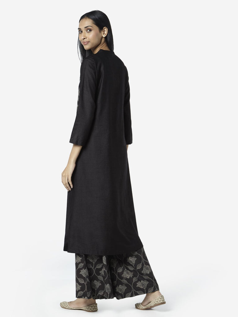 Zuba Black A-Line Floral Patterned Kurta