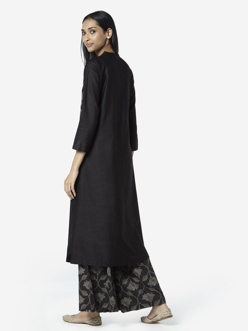 Zuba Black A-Line Floral Patterned Kurta