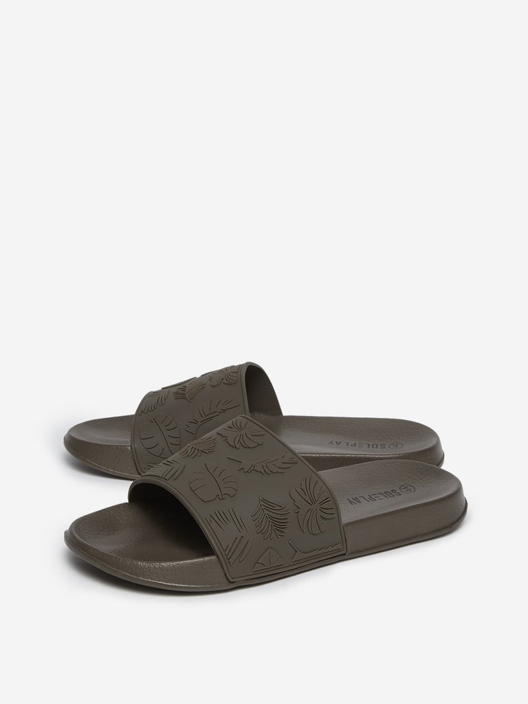 SOLEPLAY Dark Khaki Leaf Patterned Pool Slides