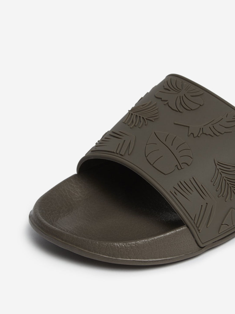 SOLEPLAY Dark Khaki Leaf Patterned Pool Slides