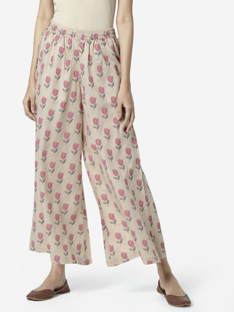 Zuba Beige Tulip Printed Palazzos