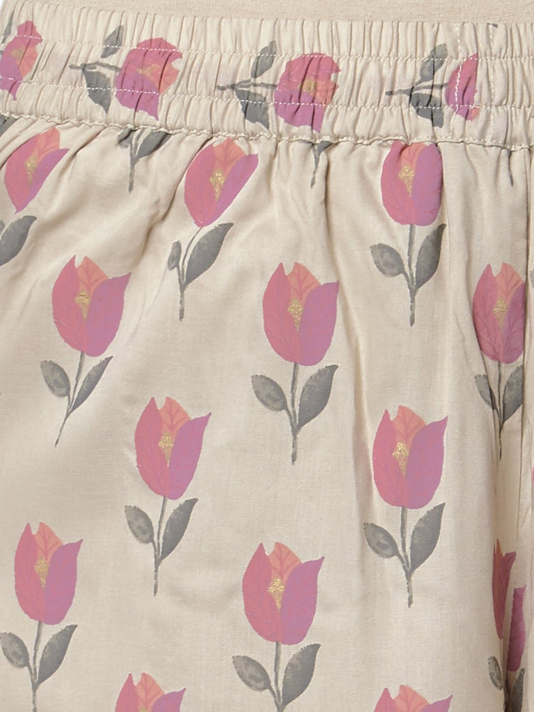 Zuba Beige Tulip Printed Palazzos