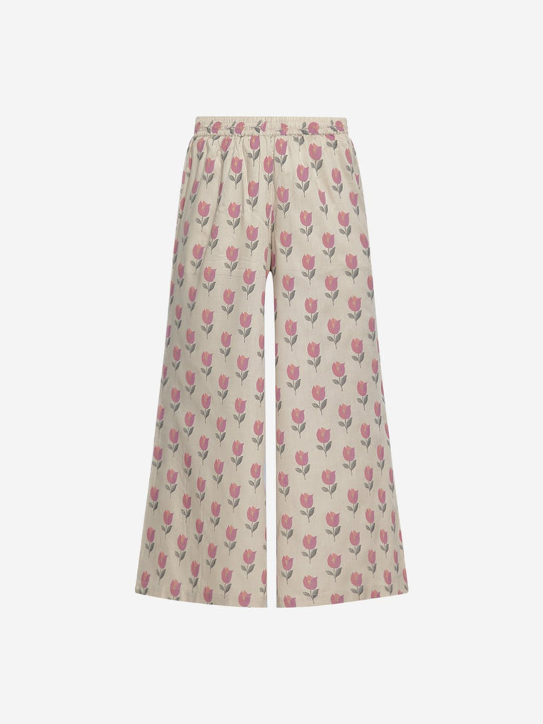 Zuba Beige Tulip Printed Palazzos
