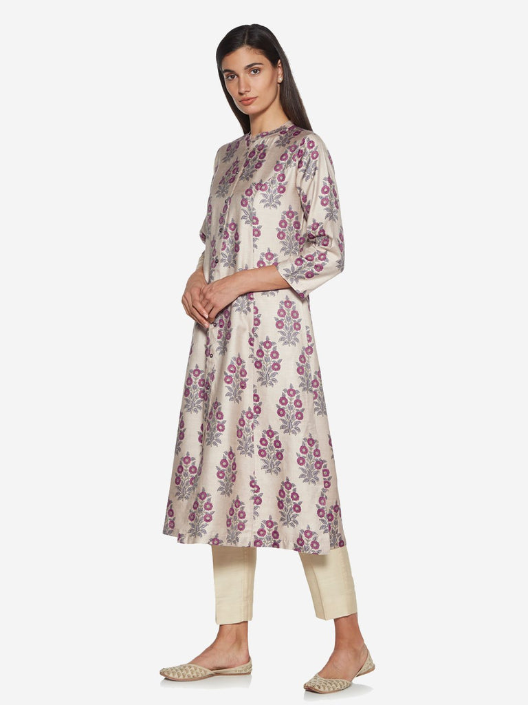 Zuba Beige Floral Patterned A-line Kurta