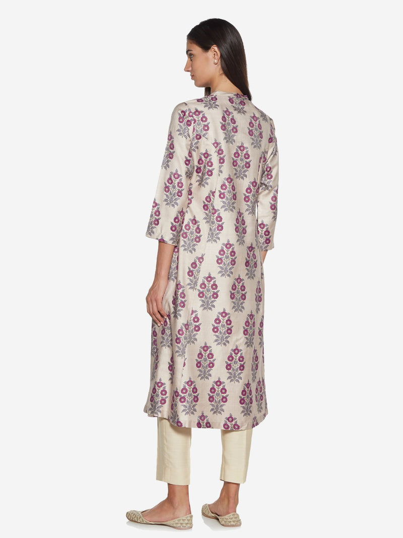Zuba Beige Floral Patterned A-line Kurta