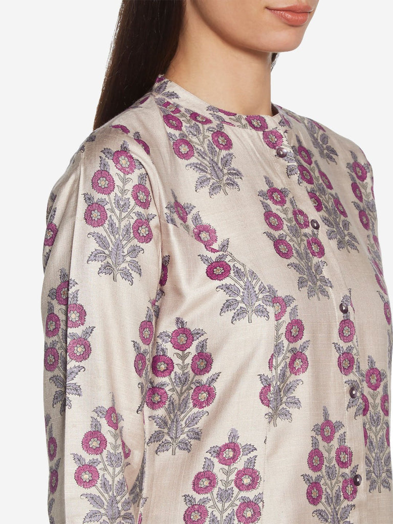 Zuba Beige Floral Patterned A-line Kurta