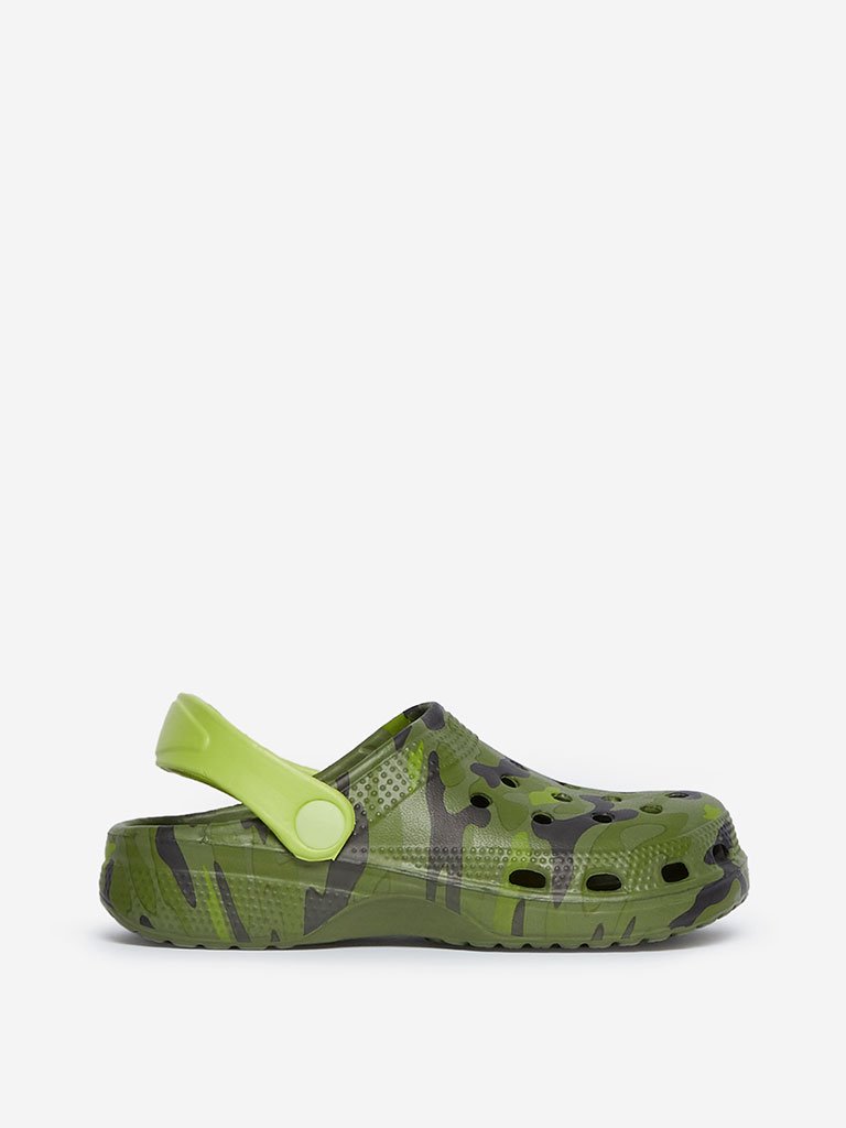 Yellow Kids Olive Camouflage Print Clogs