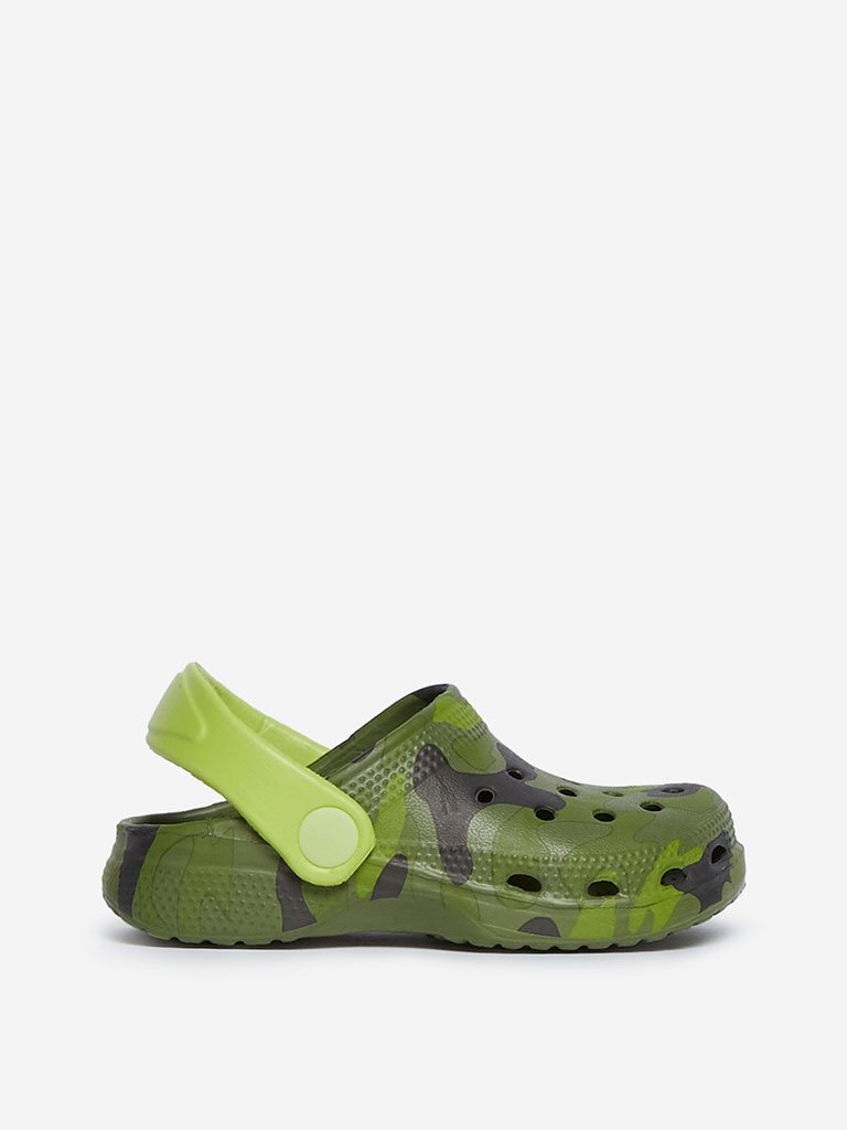 Yellow Kids Olive Camouflage Print Clogs