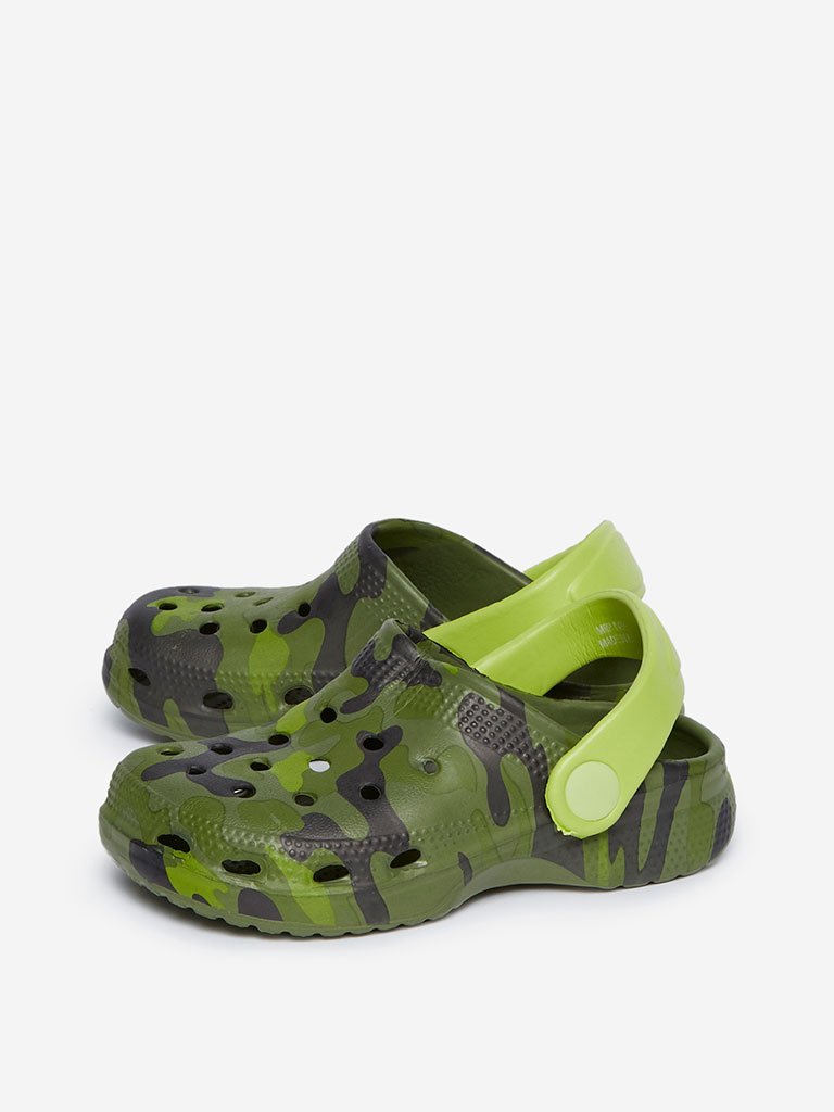 Yellow Kids Olive Camouflage Print Clogs