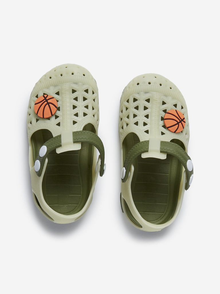 Yellow Kids Olive Laser-Cut Detailed Clogs