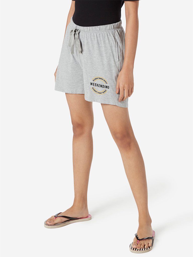 Wunderlove Grey Melange Text Print Shorts