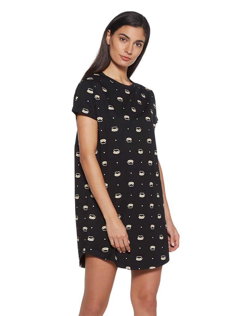 Wunderlove Black Printed Pure Cotton Nightdress