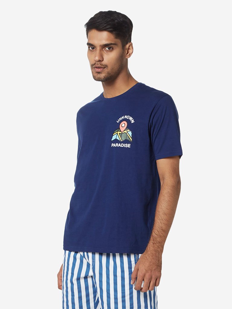 WES Lounge Navy Text Pattern Relaxed Fit T-Shirt