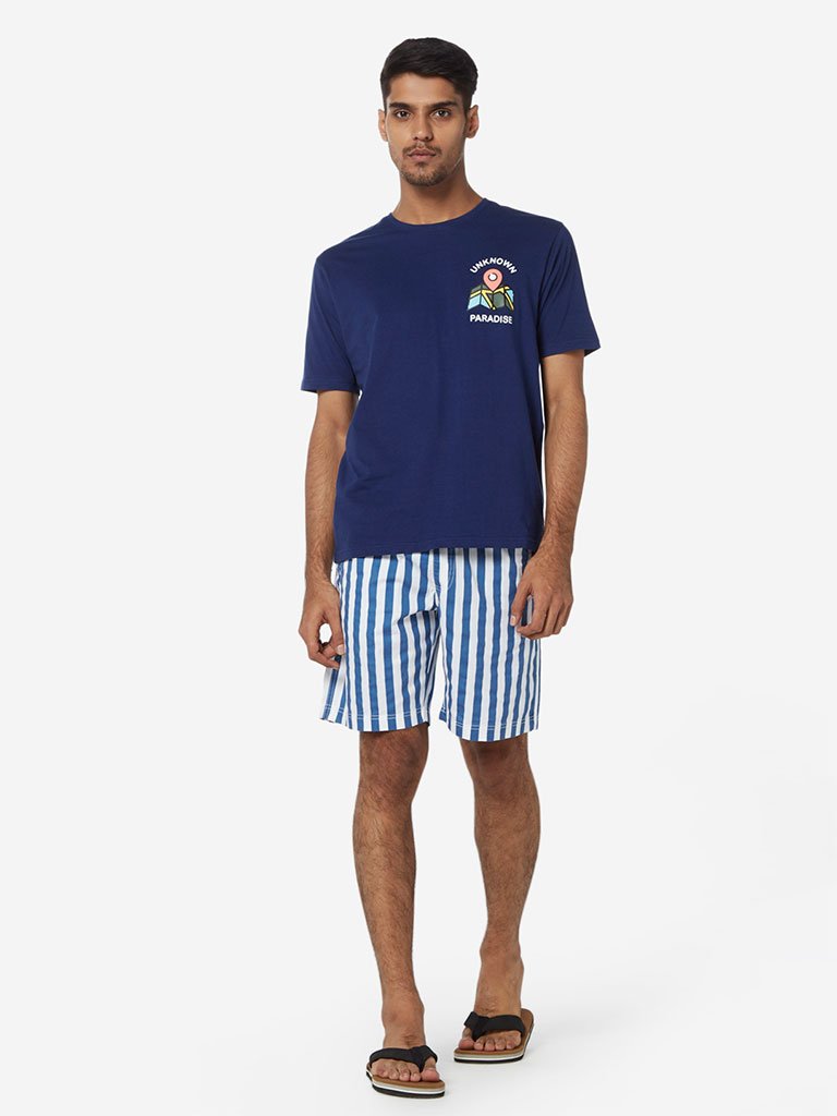 WES Lounge Navy Text Pattern Relaxed Fit T-Shirt