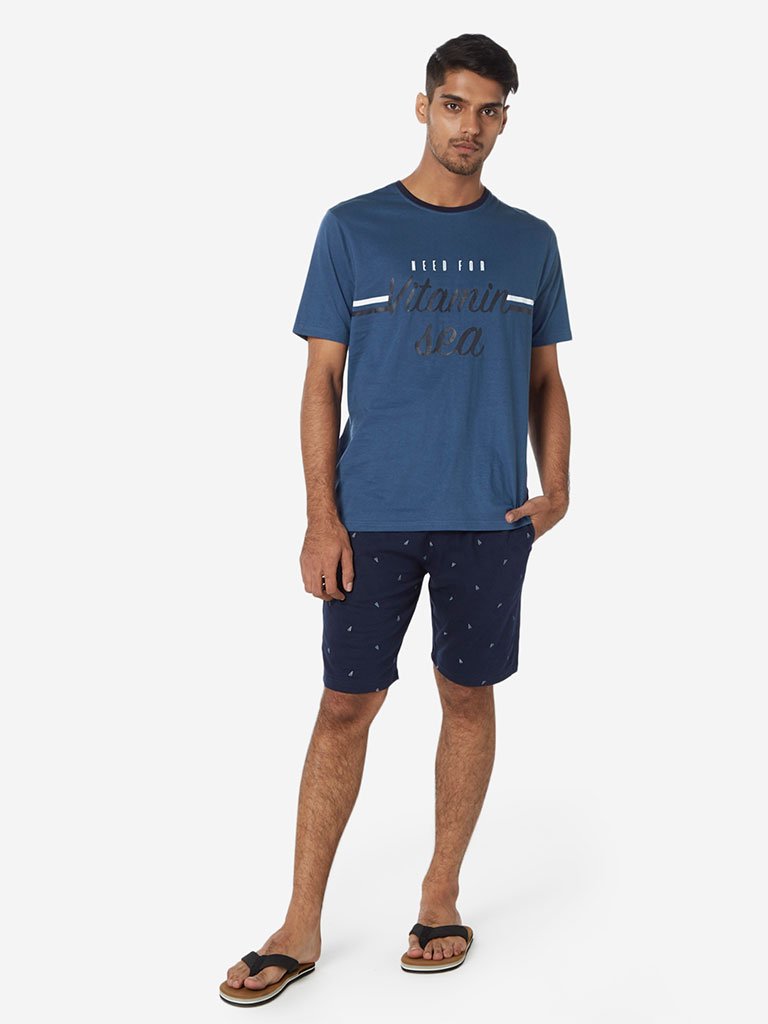 WES Lounge Blue Text Print Relaxed Fit T-Shirt