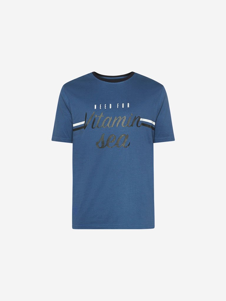 WES Lounge Blue Text Print Relaxed Fit T-Shirt
