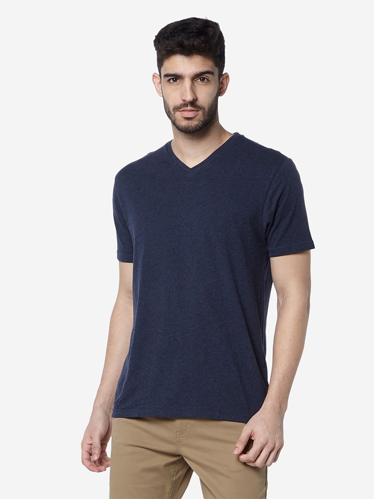 WES Casuals Indigo V-Neck Slim Fit T-Shirt