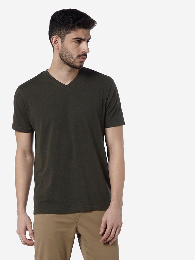 WES Casuals Olive V-Neck Slim Fit T-Shirt