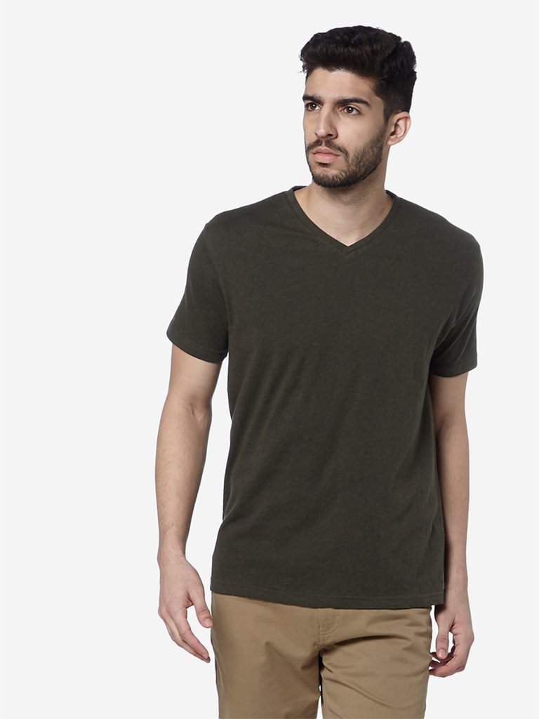 WES Casuals Olive V-Neck Slim Fit T-Shirt
