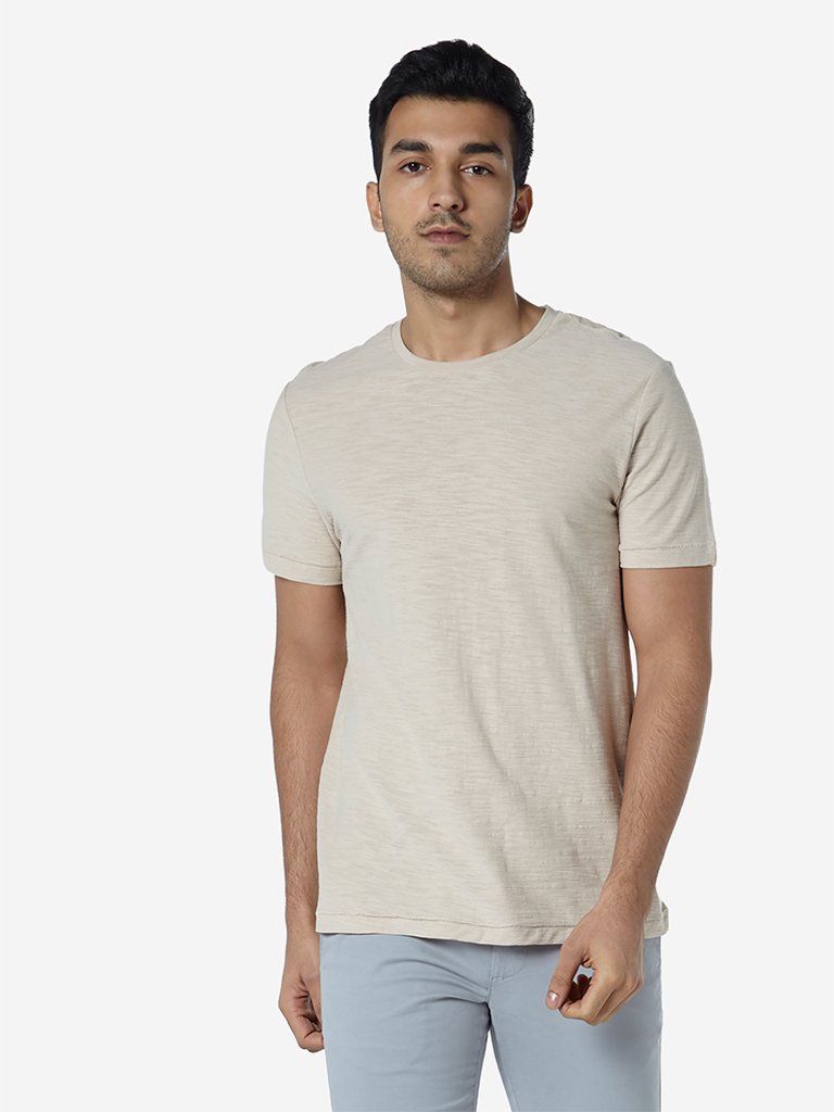 WES Casuals Beige Slim Fit Pure Cotton T-Shirt
