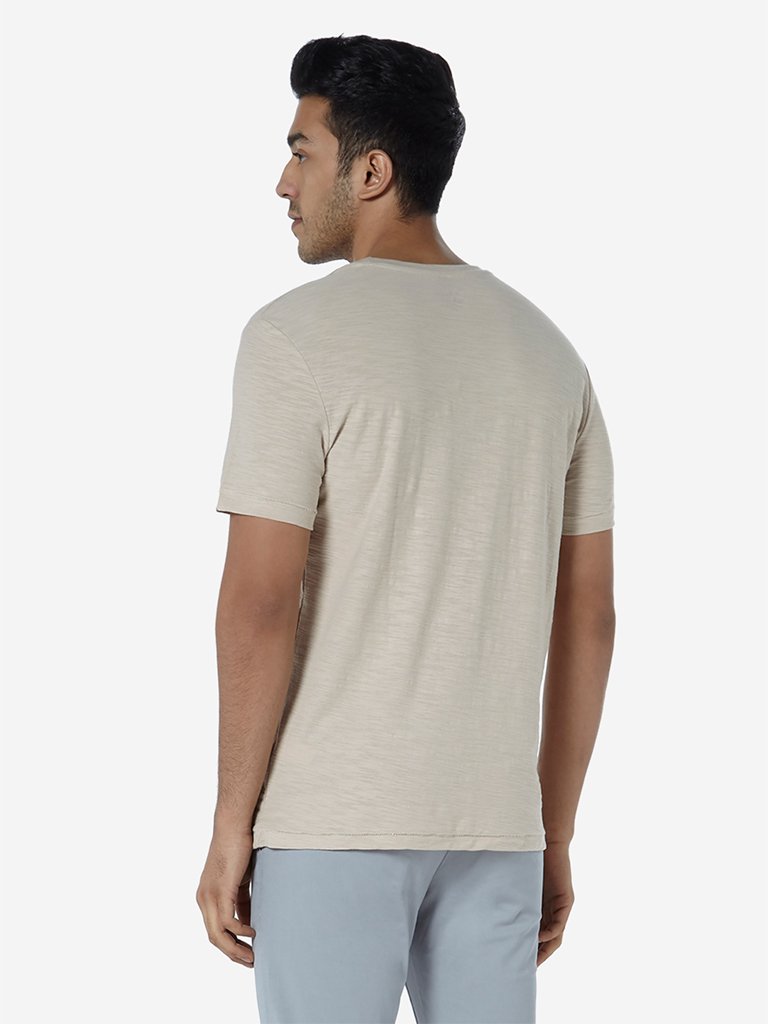 WES Casuals Beige Slim Fit Pure Cotton T-Shirt