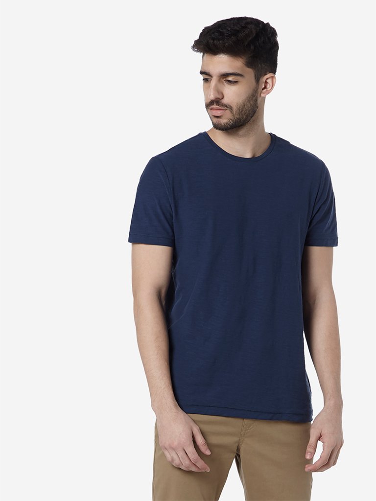 WES Casuals Dark Blue Slim-Fit Crewneck T-Shirt