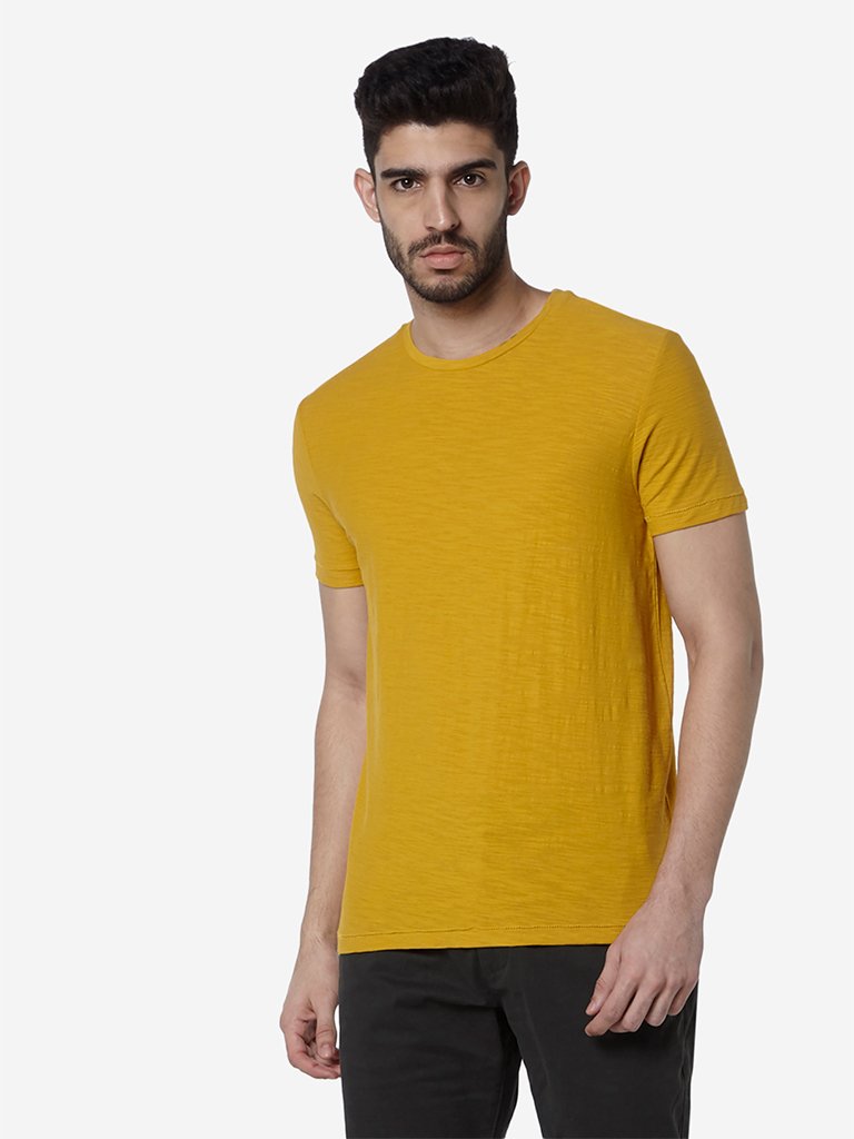 WES Casuals Mustard Slim-Fit Crewneck T-Shirt