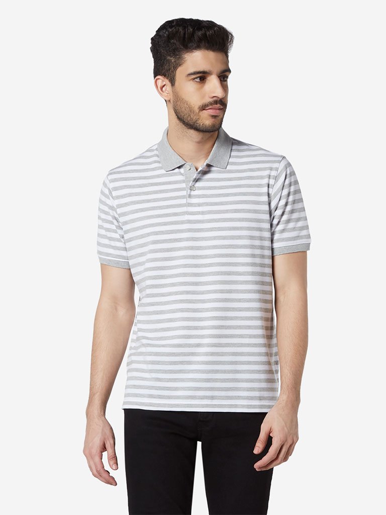 WES Casuals Grey Striped Relaxed-Fit Polo T-Shirt