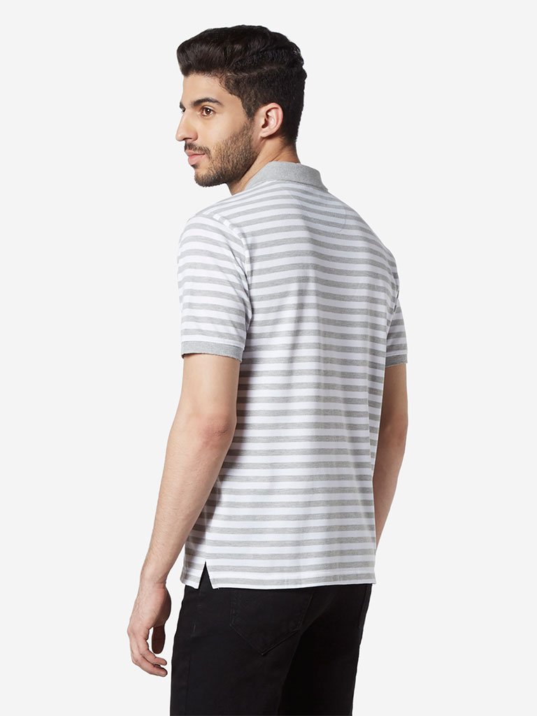 WES Casuals Grey Striped Relaxed-Fit Polo T-Shirt