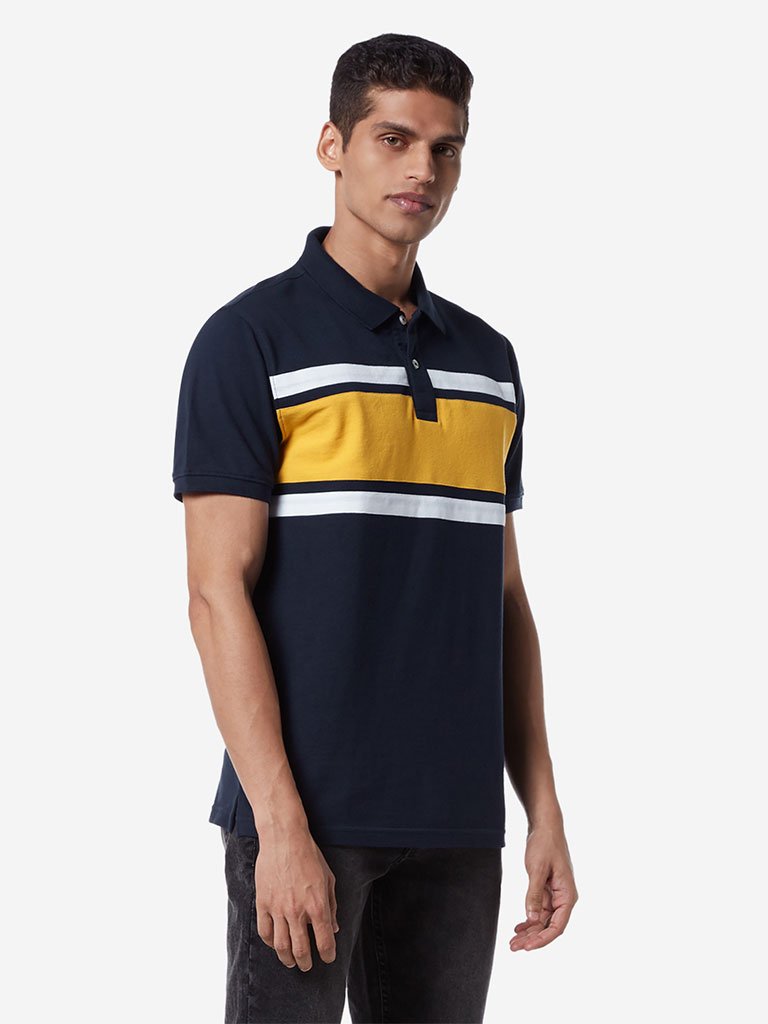 WES Casuals Navy Striped Slim Fit Polo T-Shirt