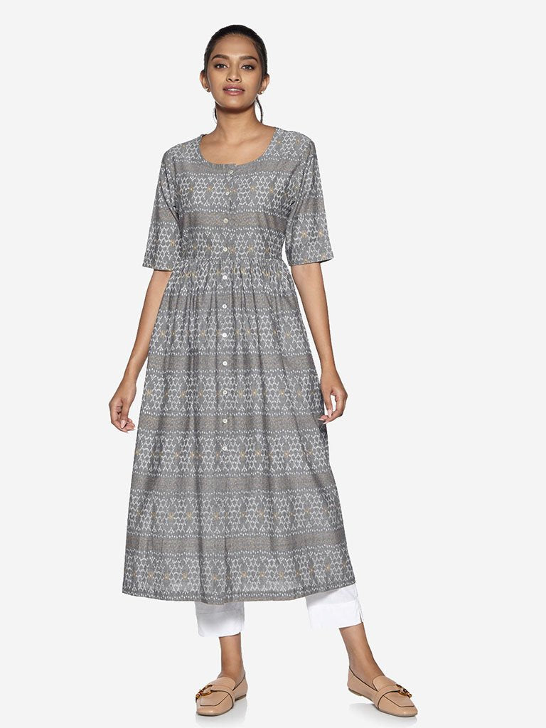 Utsa Grey Ikat Print Fit-And-Flare Kurta