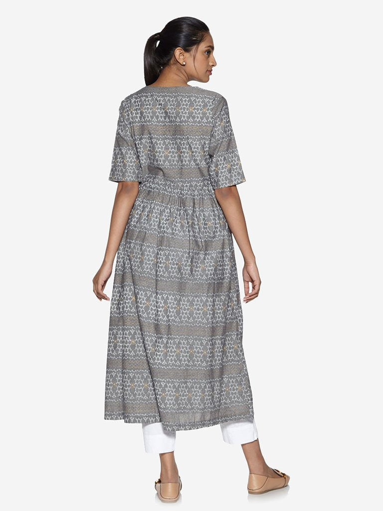 Utsa Grey Ikat Print Fit-And-Flare Kurta