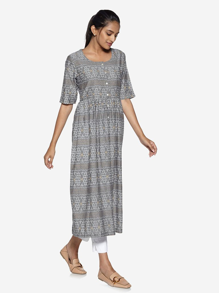 Utsa Grey Ikat Print Fit-And-Flare Kurta