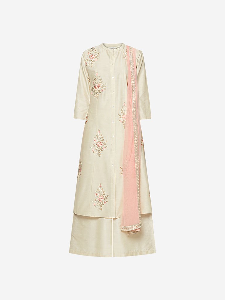 Vark Beige Kurta, Palazzos and Dupatta Set