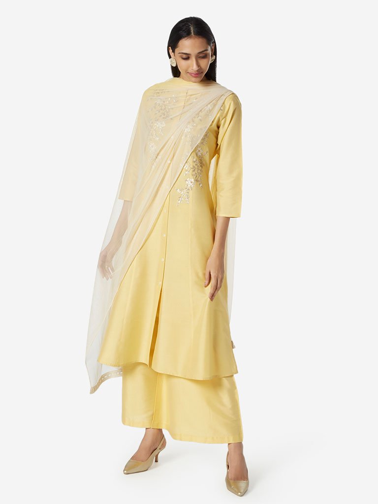 Vark Yellow Kurta, Dupatta And Palazzo Set