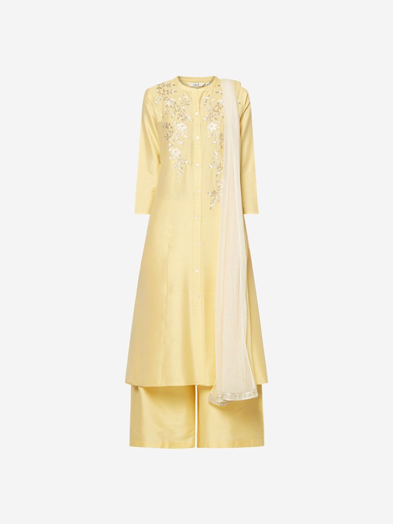 Vark Yellow Kurta, Dupatta And Palazzo Set