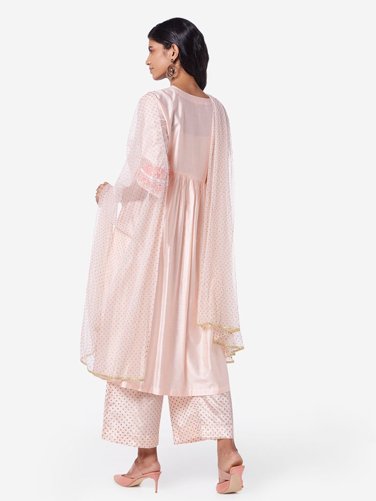 Vark Peach Dotted Dupatta, Palazzos And Kurta Set