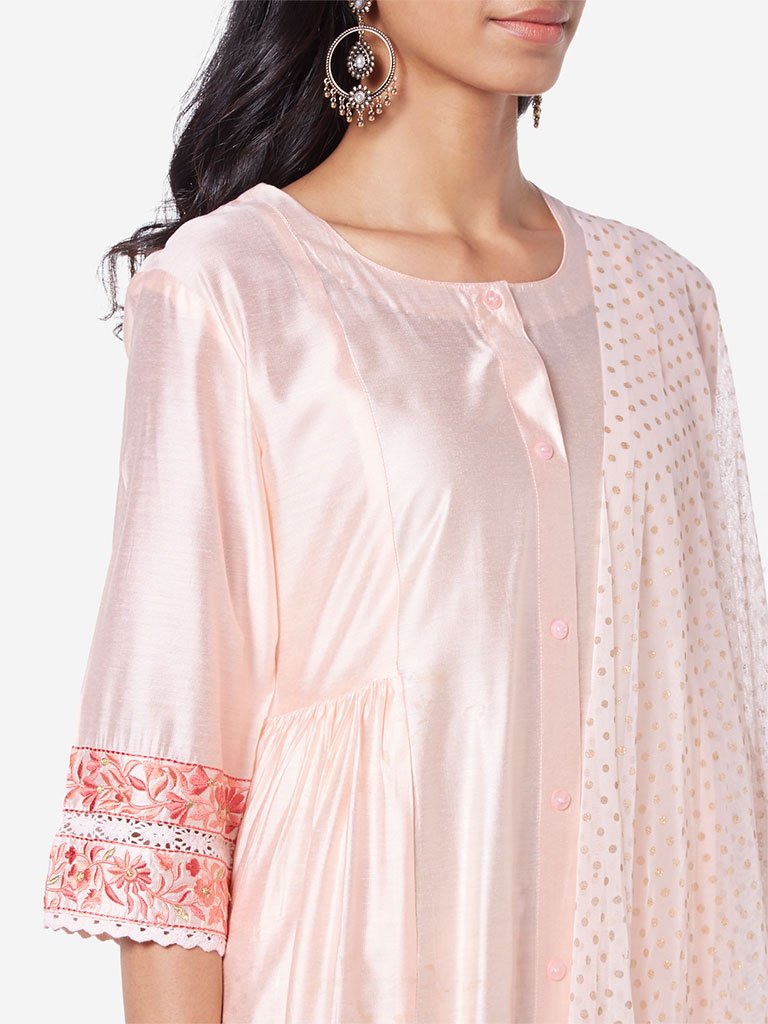 Vark Peach Dotted Dupatta, Palazzos And Kurta Set