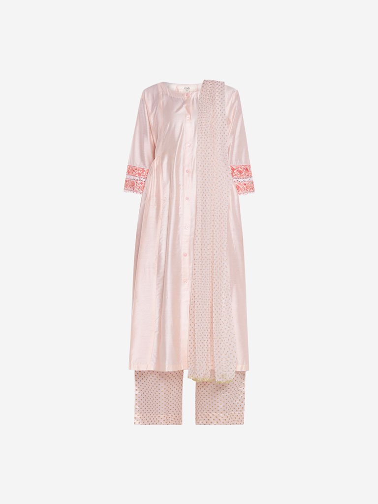 Vark Peach Dotted Dupatta, Palazzos And Kurta Set