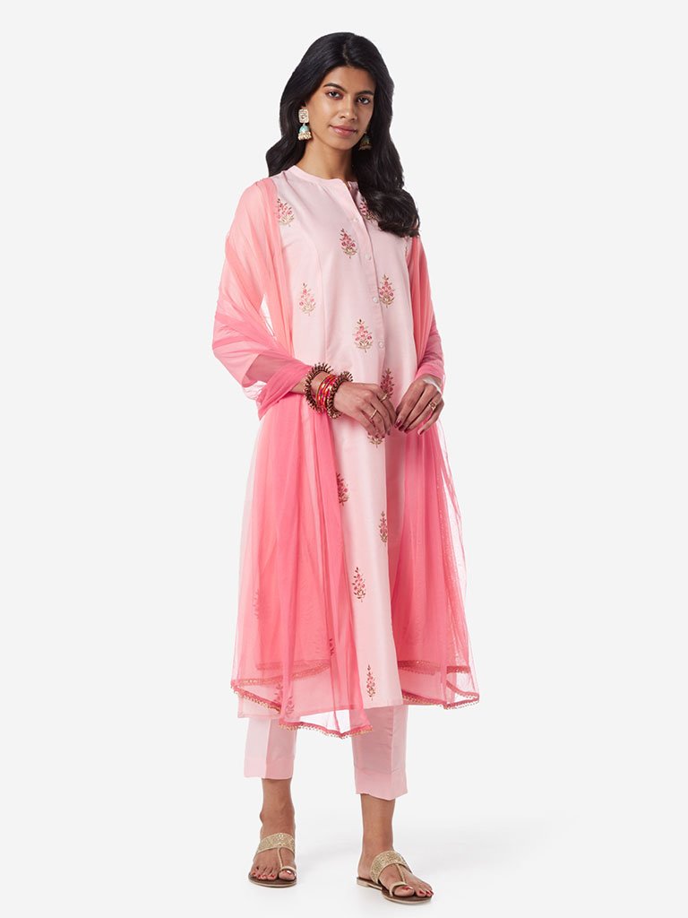 Vark Peach A-line Kurta, Dupatta, Ethnic Pants