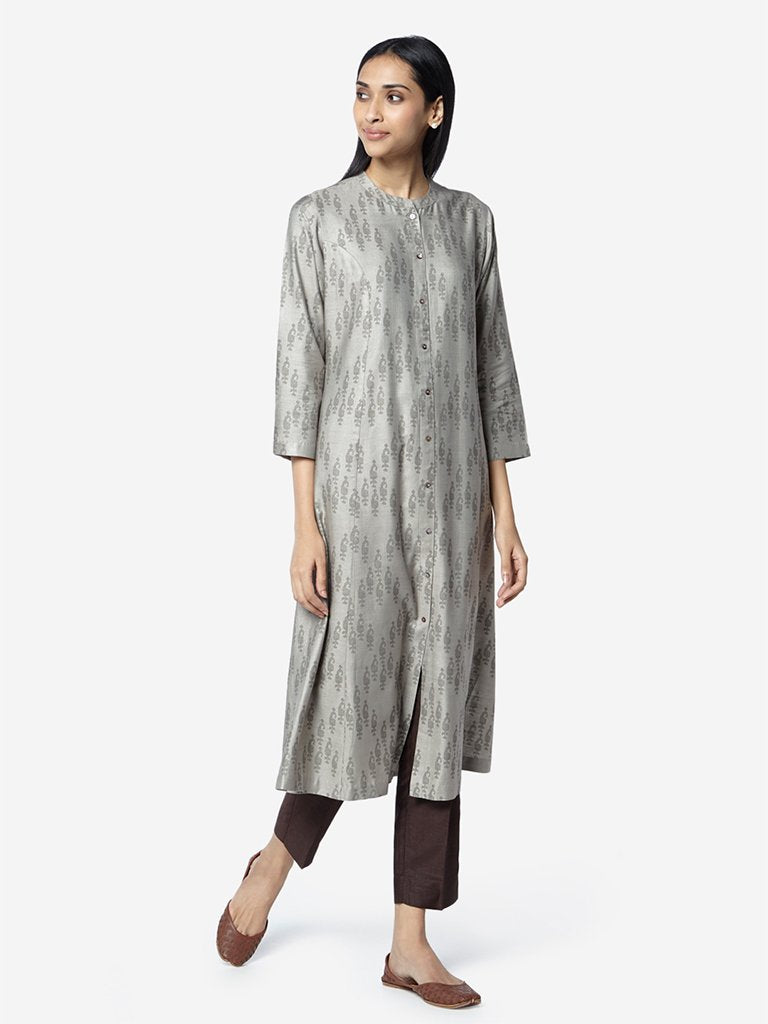 Zuba Grey A-Line Silk Blend Kurta