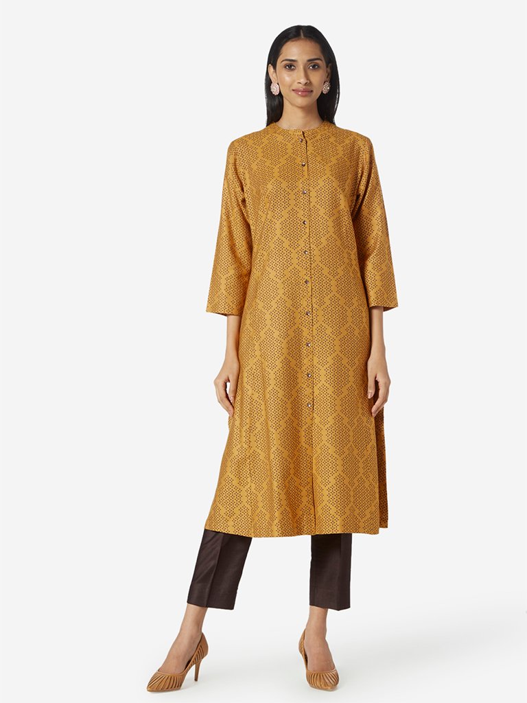 Zuba Mustard Floral Print A-line Kurta